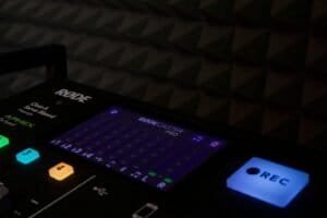 A rodecaster pro recording podcast audio.